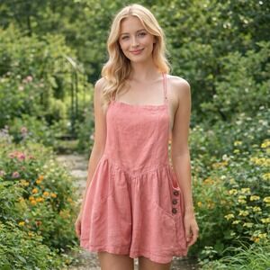 Free People 100% Linen Nostalgia Ultra-Shortalls‎ Romper Pink Garden Fairy XS